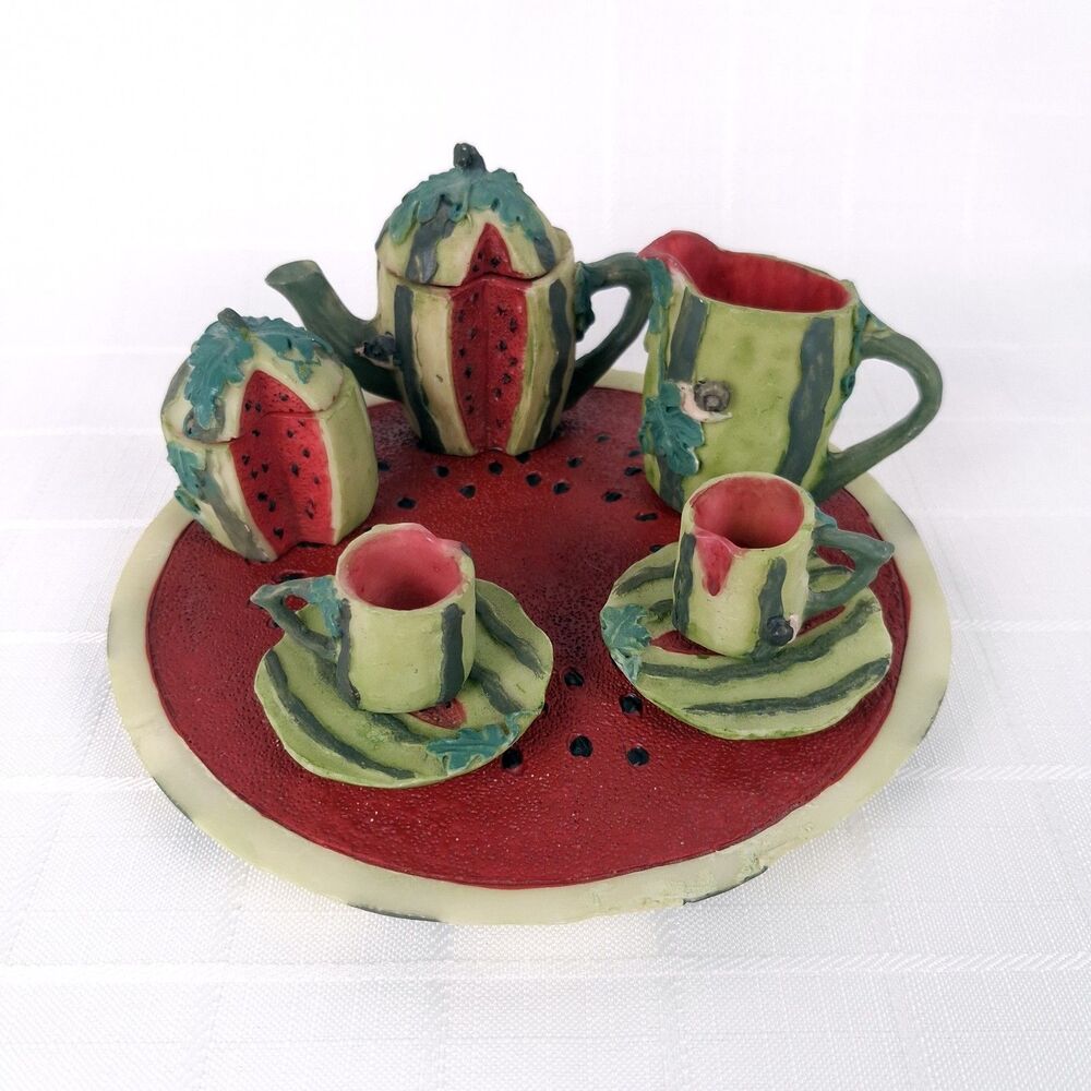 Vintage Miniature Watermelon Resin Tea Set Snail Accents Complete 8pc 1990s